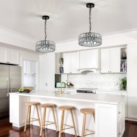 Catiner Crystal Pendant Light 4Light Modern Black Chandelier Small 12 Crystal Semi Flush Mount Ceiling Light Round For Kitch