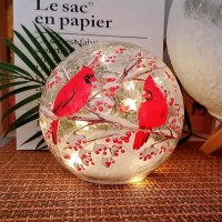 Ranscah Glass Ball Light Crackle Led Night Light Red Bird Pattern Battery Operated Light Tabletop Decorative Sphere Lamp Led Orb Table Lamp For Outdoor Living-Room Pathway Patio Yard Lawn Bedroom