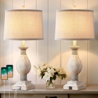 Drawealth Rustic Farmhouse Table Lamps For Living Room Set Of 2 With Usb Charging Ports, Vintage Traditional Bedside Table Lamp For Bedroom Nightstand Wooden Finish, Fabric Shade, Bulbs Not Included