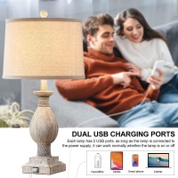 Drawealth Rustic Farmhouse Table Lamps For Living Room Set Of 2 With Usb Charging Ports, Vintage Traditional Bedside Table Lamp For Bedroom Nightstand Wooden Finish, Fabric Shade, Bulbs Not Included