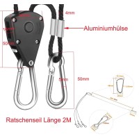 1/8 Inch 2 M Rope Ratchet With Hook, 2 Pairs Adjustable High Performance Ratchet Rope Hanger With Stainless Steel Lanyards For Hanging Tent Grow Plant Lamp (78 Lbs Weight Capacity)