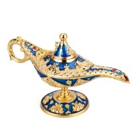 Lauyoo Vintage Aladdin Magic Genie Lamp Costume Accessory Gift For Women Classic Arabian Props Aladdin Pot Decor Blue Gold