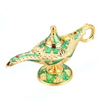 Lauyoo Vintage Aladdin Magic Genie Lamp Costume Accessory Gift For Women Classic Arabian Props Aladdin Pot Decor Green Gold