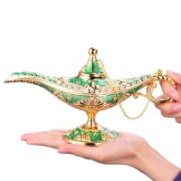 Lauyoo Vintage Aladdin Magic Genie Lamp Costume Accessory Gift For Women Classic Arabian Props Aladdin Pot Decor Green Gold