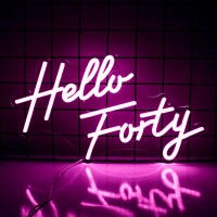 Hello Forty Neon Sign 40Th Birthday Dimmable Neon Sign Pink Letters Neon Lights For Bedroom Decor Usb Hanging Sign For Home Apar