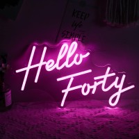 Hello Forty Neon Sign 40Th Birthday Dimmable Neon Sign Pink Letters Neon Lights For Bedroom Decor Usb Hanging Sign For Home Apar