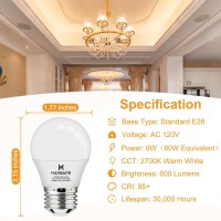 Hansang E26 Appliance Light Bulb, 2700K Warm White, 60 Watt Equivalent Small Light Bulb, E26 Led Bulb For Ceiling Fan, A15 Light Bulb, 600Lm 120V, Cri85+, Eye Protection, 120V, Non-Dimmable 8 Pack