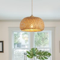 Hchunqjor Bamboo Pendant Light Fixture Onelight Adjustable Boho Basket Handmade Woven Pendant Lighting For Kitchen Island Sink