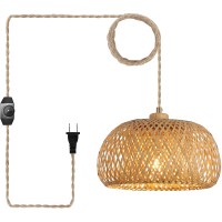 Hchunqjor Bamboo Plug In Pendant Light With 14Ft Handmade Woven Light Cord Dimmable Switch Boho Basket Hanging Lamp For Bedroo