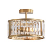 Lhlyclx Brass Gold Flush Mount Ceiling Light 2 Light Caged Crystal Chandelier Small Drum Hallway Light Fixtures Ceiling Mount