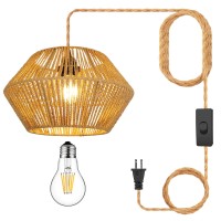 Yiizon Plug In Pendant Light Rattan Hanging Lights With Plug In Cord Bamboo Hanging Lamp Handmade Woven Boho Wicker Basket Lamp