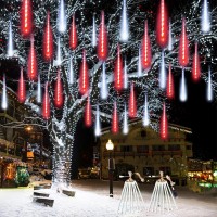 2-Pack Meteor Shower Lights Outdoor Waterproof, Rain Drop Christmas Lights Total 384 Led 30Cm 16 Tubes Snow Cascading String Lights Plug In For Xmas Tree Wedding Party Garden Dcor (Red And White)