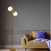 Fiqevs 2 Globe Modern Gold Floor Lamp For Living Room Contemporary Mid Century Standing Lamp With Frosted Glass Shade Led Bul