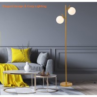 Fiqevs 2 Globe Modern Gold Floor Lamp For Living Room Contemporary Mid Century Standing Lamp With Frosted Glass Shade Led Bul