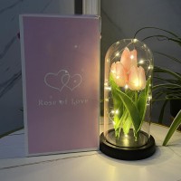 Yunbiaosen Led Tulip Lamp Artificial Flower Night Light Handmade Light Up Tulips In Glass Dome Table Lamp Ornaments Desktop Deco