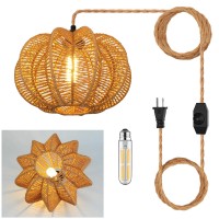 Tebio Plug In Pendant Light Rattan Hanging Lights With Plug In Cord 15Ft Hemp Rope Cord Dimmable Switch Indoor Hanging Lamps