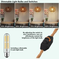 Tebio Plug In Pendant Light Rattan Hanging Lights With Plug In Cord 15Ft Hemp Rope Cord Dimmable Switch Indoor Hanging Lamps