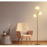 Fiqevs 3 Globe Gold Mid Century Floor Lamp Modern Standing Lamp With Frosted Glass Shade 3Pcs Warm White Led Bulbs Contempor