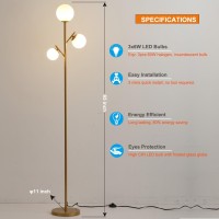 Fiqevs 3 Globe Gold Mid Century Floor Lamp Modern Standing Lamp With Frosted Glass Shade 3Pcs Warm White Led Bulbs Contempor