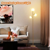 Fiqevs 3 Globe Gold Mid Century Floor Lamp Modern Standing Lamp With Frosted Glass Shade 3Pcs Warm White Led Bulbs Contempor