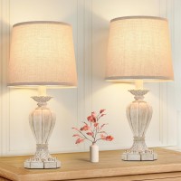 Table Lamps For Bedrooms Set Of 2, Farmhouse Table Lamps With Cream Fabric Shade, Traditional Carved Floral Resin Bedside Table Lamps For Living Room, Vintage?Ight Light For Side Nightstand Office