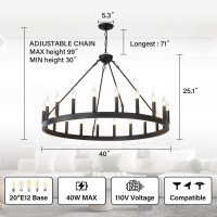 Zbmyrbzj Black Wagon Wheel Chandelier 40 Inch,20-Light Farmhouse Wagon Wheel Chandeliers Round Industrial Ceiling Light Fixtures For Outdoor Porch High Ceilings Living Dining Room Foyer Entryway