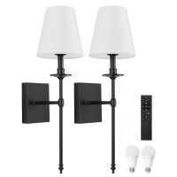 Wall Sconces Set Of Two With Remote, Dimming 10%-100% & Adjustable Colors 2700K-6500K, Hardwired Wall Lamps With White Fabric Shades, Wall Mounted Lamp With Night Light & Timer, Led Bulbs, Black