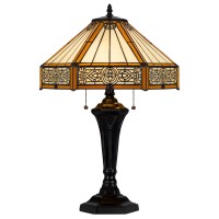 Eli 24 Inch Table Lamp, Hexagonal Tiffany Style Shade, Dual Lights, Bronze