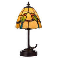 Eli 13 Inch Accent Lamp, Painted Avian Pair Tiffany Style Shade, Multicolor