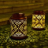 Solar Lanterns, Large Metal Hanging Solar Lights, Retro Outdoor Waterproof Led, Modern Moroccan Design For Garden Yard Patio Tree Tabletop Wedding Party Decorations, 2 Pack (Red Copper)