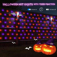 Echosari Purple Orange Halloween Net Lights Battery Operated 5Ft 5Ft 100 Led Net Lights With Remote Timer Dimmable Garden Mes