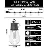 100Ft Outdoor String Lights With Remote - Warm White And Color Changing Patio Lights With Shatterproof 40 S14 Bulbs, Dimmable Timer Waterproof Edison String Lights For Outside Porch Cafe Pergola Party