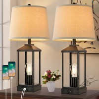 Brightever Table Lamps Set Of 2, Farmhouse Bedside Lamp With Usb Charging Ports, 3-Way Dimmable Touch Control Nightstand Lamps, 27.5