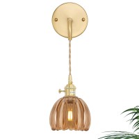 Shenmoyl Vintage Wall Sconce Wall Lamp Amber Tulip Shade Pattern Glass Adjustable Chain Retro Gold Wall Mounted Light Wall Lamp