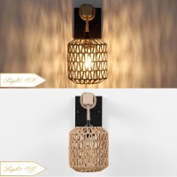 Rattan Boho Wall Sconces Set Of Two, Hardwired Hand-Woven Farmhouse Wall Lamps With Wooden Arm & On/Off Dimmable Switch,Large Rustic Indoor Wall Mount Light Fixtures For Bedroom Nursery Bathroom