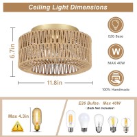 Pauful Boho Light Fixtures Ceiling Mount 3Light Farmhouse Rattan Ceiling Light Fixture Flush Mount Ceiling Light With Handwo