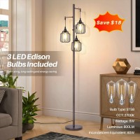 Dimmable Industrial Floor Lamp With 3 Led Edsion Bulbs Farmhouse Tall Standing Lamp For Living Room Rustic Brown Tree Floor La