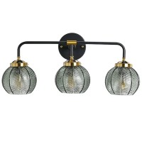 Qufute 3 Light Bathroom Vanity Light Fixture, Modern Glass Globe Wall Sconce With Ribbed Green Shade, Vintage Wall Lamp For Over Mirror, Bedroom, Hallway, Living Room, 23.6X7.9 Inches