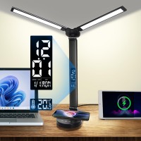 Led Desk Lamps For Home Office Double Head Table Lamp With Wireless Charger Usb Charging Port Clock Alarm Date Temperature