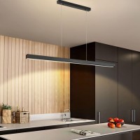 Kitchen Island Led Pendant Light Modern Hanging Light Fixture Remote Control Dimmable Modern Linear Design Chandelier With Adjustable Cable For Office Dining Room Kitchen Bar Lights Black L47.24 In