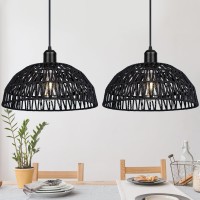 Yolsunes Rattan Pendant Light Fixtures 2 Packs, Black Boho Woven Basket Pendant Light, Handmade Wicker Hanging Lamp, Rattan Chandelier For Kitchen Island, Dining Room, Living Room, Bedroom, E26 Base