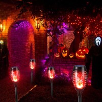 Toodour Red Solar Halloween Lights Outdoor 12 Pack Solar Torch Lights With Flickering Flame Waterproof Outdoor Yard Decoration