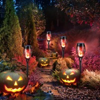 Toodour Red Solar Halloween Lights Outdoor 12 Pack Solar Torch Lights With Flickering Flame Waterproof Outdoor Yard Decoration