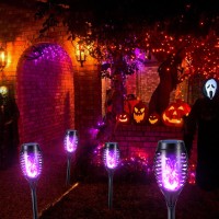 Toodour Purple Solar Halloween Lights Outdoor 12 Pack Solar Torch Lights With Flickering Flame Waterproof Outdoor Yard Decorat