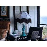 Tristan Home Premium Classic Victorian Style Bell Shape Scallop Large Velvet Lamp Shade With Tassels And Fringe Muted Blue