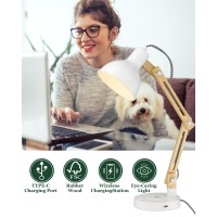 Elyona White Desk Lamp With Wireless Charger Solid Wood Table Lamp With Usb C Charging Port Swing Arm Reading Task Light With