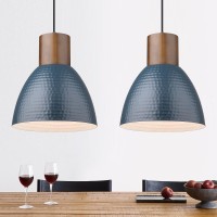 Elyona 2 Pack Modern Pendant Lights 102 Hammered Blue Solid Wood Hanging Lamp Adjustable Height Industrial Metal Pendant L