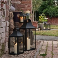 Lights4Fun Set Of 3 Outdoor Garden Classic Black Metal Decorative Lanterns With Truglow Led Candles Battery Operated With Timer