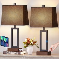 Touch Control Table Lamps Set Of 2 Modern Bedside Lamps With 2 Usb Charging Ports Ac Outlet 3Way Dimmable Wood Nightstand L