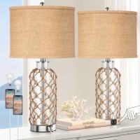 Partphoner Modern Coastal Table Lamp Clear Glass Bottle Vase With Rope Netting And Burlap Drum Shade 3Way Dimmable Touch Cont